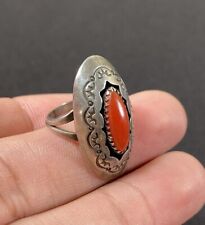 Vintage Navajo Native American Hand Stamped Sterling Silver .925 Oval Coral Ring picture