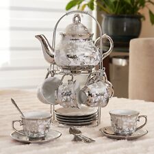 20pc Tea Set Tea Pot  6 Cups Saucers w/Rack Silver tone 3 oz cup Teapot  picture
