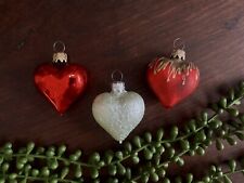 Vintage West German Heart Trio of Glass Blown Hand Painted Christmas Ornaments picture