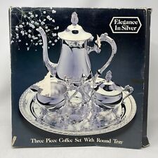 Elegance In Silver Three Piece Tea Coffee Set Round Tray Silver Plated With Box picture