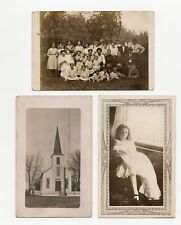 RPPC (3) Photo Postcards, Family Reunion, Old White Church, Girl w/ Baby c1910 picture