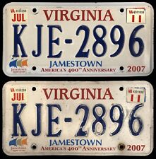 VIRGINIA 2011 JAMESTOWN 400th ANNIVERSARY 1607-2007 License Plate PAIR #KJE-2896 picture