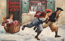 Tuck Christmas Postcard Merry Hearts 9445 Old World Custom Pull Girl in Basket picture