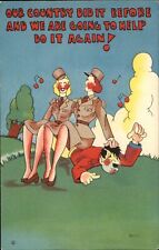 WWII Wacs sit on Hitler 1940s linen comic postcard picture