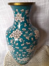 Vintage Cloisonne Vase Brass Blue With White Flowers Some Damage See Pictures picture