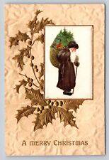 c1908  Silk Brown Santa Claus Basket Tree Merry Christmas P554 picture