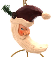 Crescent Moon Santa Ornament Carved Faux Wood Resin Vintage Holiday Decor picture