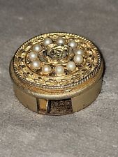 Vintage Round Gold Tone Pill Box With Faux Pearls And Sliding Door Opening  picture