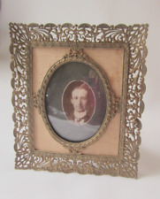 Antique Edwardian Ornate Metal Pierced Picture Frame w/ orig. Photo Brass c 1910 picture