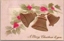 Vintage 1911 CHRISTMAS Postcard Gold Bells / Airbrushed Holly PFB Embossed 9362 picture