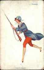 WWI France Art Deco French Woman Soldier with Rifle Vintage Postcard picture