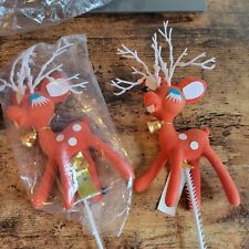 Set Of Two Vintage Red Flocked Christmas Deer Floral Picks New Old Stock picture