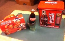A lot of 4 Coca-Cola items lunch pail kids vending machine bank & metal tin Coke picture