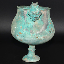 Large Ancient Eastern Roman Bronze Chalice Cup with Protome of 2 Figurines picture