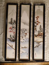 Vintage Japanese Landscape Triptych each on 3 Ceramic Tiles w/ Artist's StampSig picture