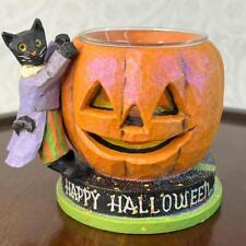 Rare Vtg Pam Schifferl Black Cat Jack O Lantern Halloween Votive Candle Holder picture