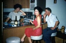 Vintage 35mm Slide BEAUTIFUL OLDER WOMAN IN RED DRESS HOME BAR DRINKING 1961 picture