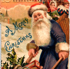 1908 Blue Robe Santa Christmas Postcard Wheelbarrow of Toys Die-Cut Edges picture