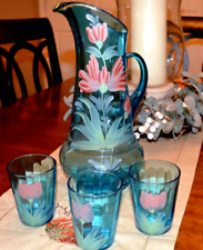 Antique NORTHWOOD Blue Glass Pitcher & Drinking Set 4 pieces Painted Floral Art. picture