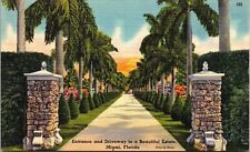 Entrance Driveway Estate Miami Florida FL Sunset Linen Postcard UNP VTG Tichnor picture