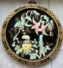 Asian Wall Plaque Decor Black Lacquer Mother of Pearl Birds Flowers Vintage picture