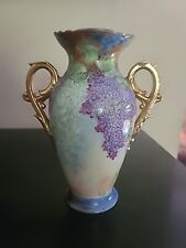 Antique French Porcelain Vase Gilded Numbered Two Gold Handles Purple Wisteria picture