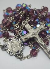 Vintage Lavender Capped Aurora Borealis Glass Bead Pewter Sacred Heart Rosary picture