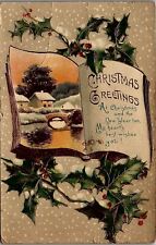 1912 CHRISTMAS GREETINGS COTTAGE SNOW SCENE HOLLY BERRIES POSTCARD 39-124 picture