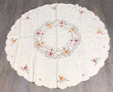 Vintage Round Scalloped Edge Embroidered Tablecloth 47” Flowers picture