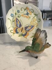 Set/2 Colorful Springtime Butterfly Plate & Hummingbird Figurine New & Sweet picture