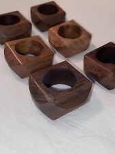 Vintage  MCM Faceted Teak Wood Napkin Rings Holders Set of 6 picture