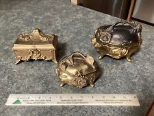 3 Vintage Art Nouveau Trinket Boxes Dresser Jewelry Casket Gold Metal Victorian picture