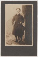 CIRCA 1900s CABINET CARD YOUNG SCHOOL BOY HOLDING BOOK AND UMBRELLA OUTSIDE picture