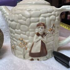 Vintage Porcelier Cobblestone Tea Pot /Lid Vitreous Hand Decorated Girl Flowers picture