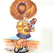 1970s Little Girl Wall Art Print Child Brush Teeth 11x 14 Teddy Bear Lithograph picture