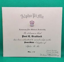 Vintage '31 Penn State Alpha Pi Mu Pre-med Fraternity Membership Certificate PSU picture