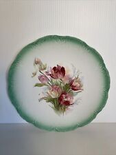 Antique KT&K Co Semi Vitreous Porcelain Plate Green Scallop Edge Pink Floral 10” picture