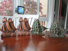 VINTAGE SET OF 2  PAIRS  OF NAUTICAL SAILING SHIP BOOK ENDS 1 METAL  1 ORNA WOOD picture