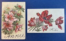 2 Nice Glitter Antique Postcards w Names. EMB. Flowers. Unposted. PUBL:Schloss picture