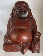 Vintage Carved Wood Buddha Jolly Smiling Rhinestone Navel  7.5” Tall 6” WIDE picture