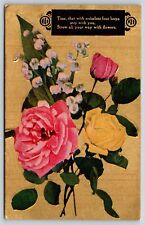 Greetings~Pink & Yellow Roses & Lily of Valley Rhyming Greeting~Vintage Postcard picture