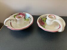pair of vintage candle stick holders. ceramic red green flowers 5