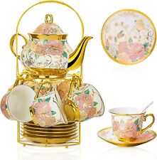 20 Pieces European Ceramic Tea Set for Adults With Metal Holder and Painting picture