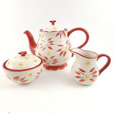 Temp-tations Old World 3-Pc Tea Set Red Teapot Sugar Bowl Creamer picture