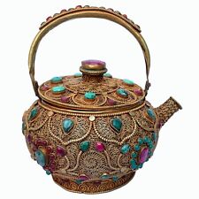 Tibetan Turquoise Ruby Stone Tea Golden Kettle Water Metal Vessel Buddhist Nepal picture