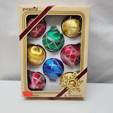 Vintage Pyramid Box with 8 Christmas Ornaments Mica Glitter Thread picture