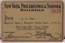 VINTAGE 1909 NEW YORK PHILADEPHIA & NORFOLK RR PASS 115 YEAR OLD SURVIVOR MINTY picture