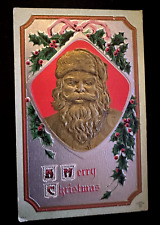 Gold Santa Claus~with Holly Vintage Embossed Airbrushed~Christmas Postcard-h944 picture
