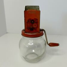 Vintage Androck Nut Grinder RED FLORAL Flower 1930s Wood Handle Knob Glass Jar picture