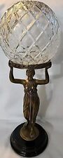 Vintage Brass/Bronze Art Deco Lady Figurine Holding Glass Orb On Pedestal 14.5